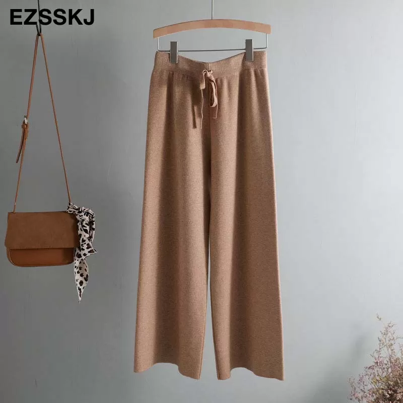 2020 Autumn Winter New Thick Casual Straight Pants Women Female Drawstring Loose Knitted Wide Leg Pa