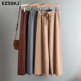 2020 Autumn Winter New Thick Casual Straight Pants Women Female Drawstring Loose Knitted Wide Leg Pa