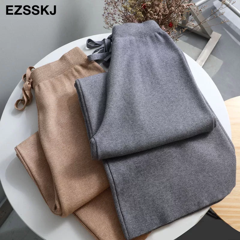 2020 Autumn Winter New Thick Casual Straight Pants Women Female Drawstring Loose Knitted Wide Leg Pa