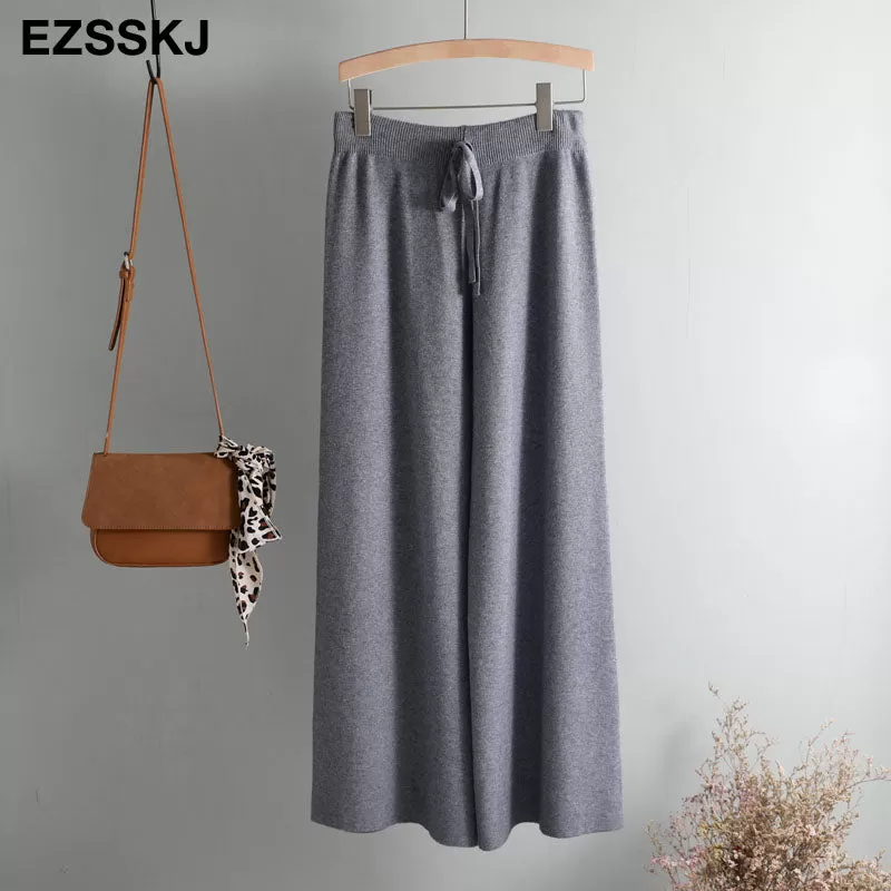 2020 Autumn Winter New Thick Casual Straight Pants Women Female Drawstring Loose Knitted Wide Leg Pa