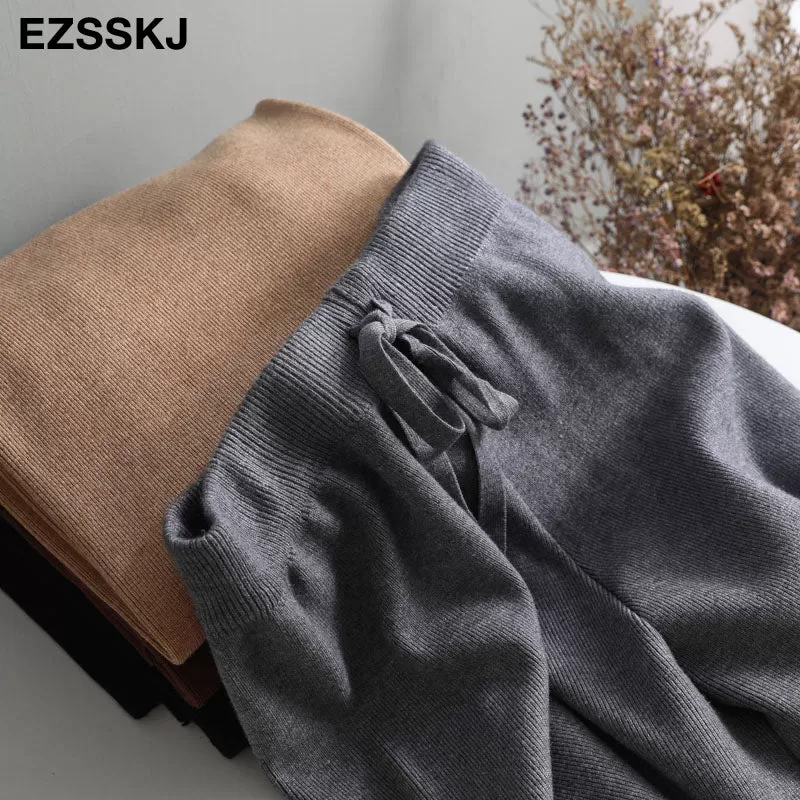 2020 Autumn Winter New Thick Casual Straight Pants Women Female Drawstring Loose Knitted Wide Leg Pa