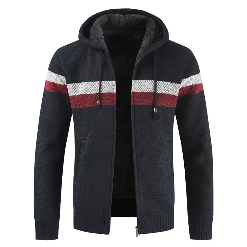 2022 Winter Sweater Coat Men Thick Warm Hooded Cardigan Jumpers Men Striped Wool Liner Zipper Fleece