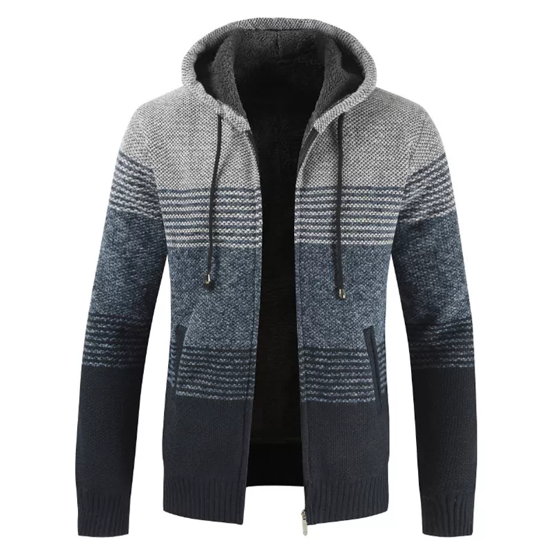 2022 Winter Sweater Coat Men Thick Warm Hooded Cardigan Jumpers Men Striped Wool Liner Zipper Fleece