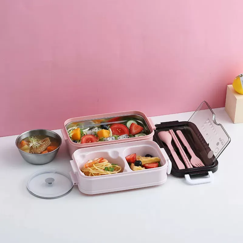 304 Stainless Steel Lunch Box 2Layers Bento Box For Student Office Worker Microwave Heating Food Sto