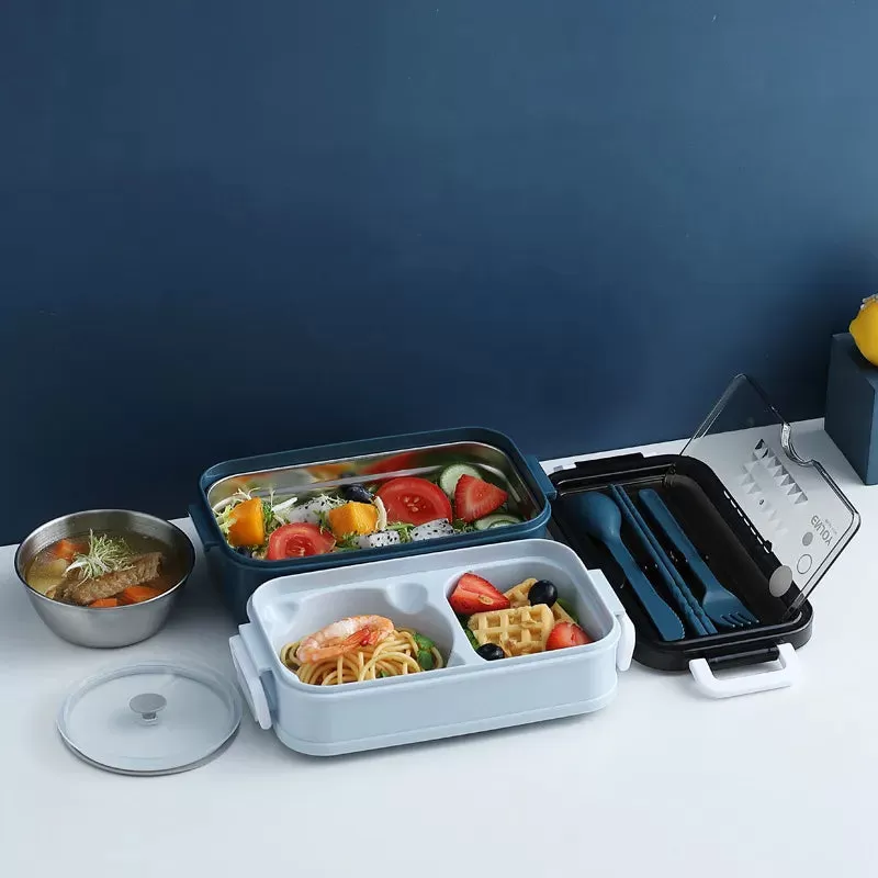 304 Stainless Steel Lunch Box 2Layers Bento Box For Student Office Worker Microwave Heating Food Sto