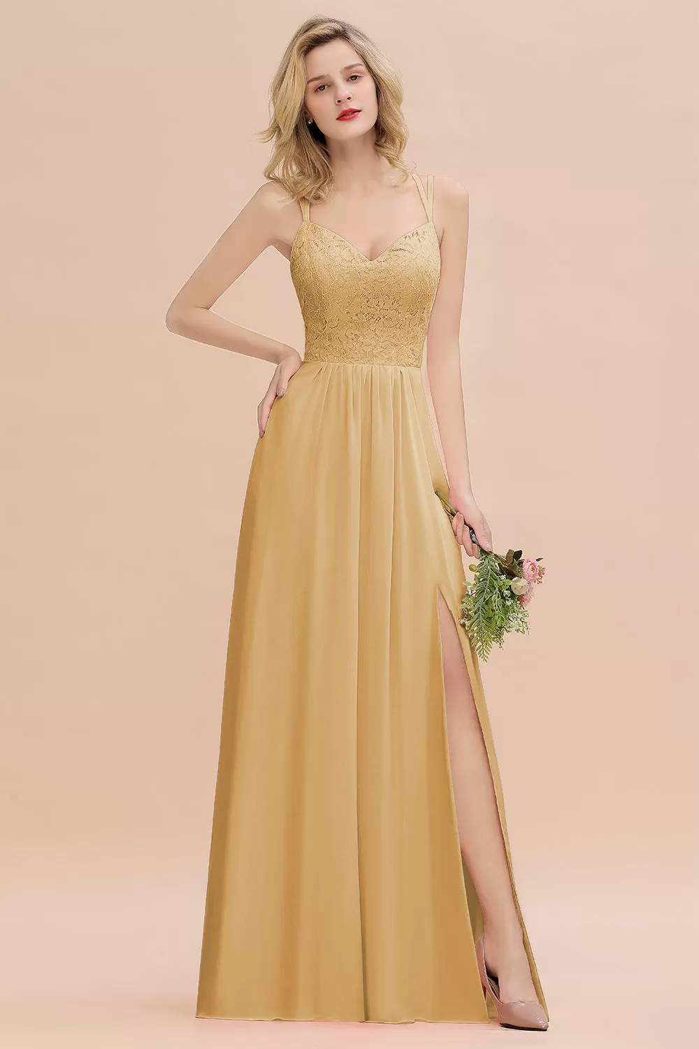 A-Line Chiffon Spaghetti Straps Sweetheart Long Bridesmaid Dress with Slit