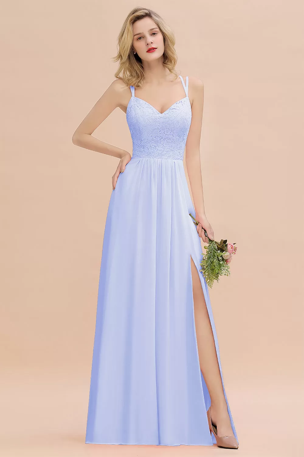 A-Line Chiffon Spaghetti Straps Sweetheart Long Bridesmaid Dress with Slit