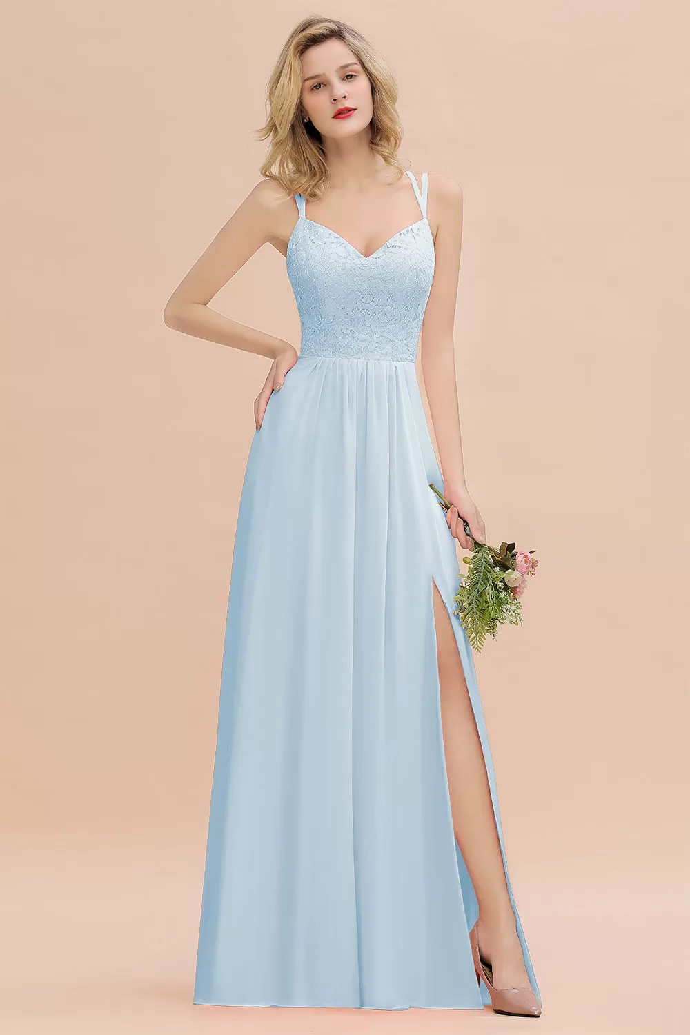 A-Line Chiffon Spaghetti Straps Sweetheart Long Bridesmaid Dress with Slit