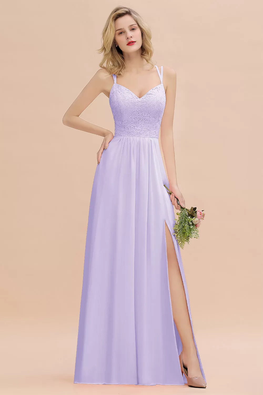 A-Line Chiffon Spaghetti Straps Sweetheart Long Bridesmaid Dress with Slit