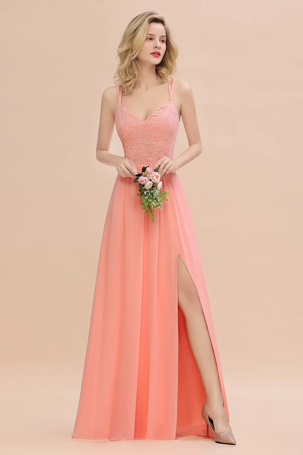 A-Line Chiffon Spaghetti Straps Sweetheart Long Bridesmaid Dress with Slit