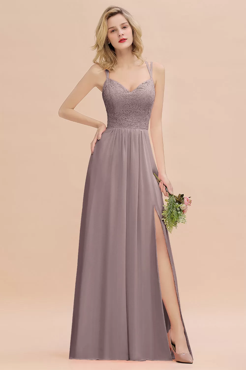 A-Line Chiffon Spaghetti Straps Sweetheart Long Bridesmaid Dress with Slit