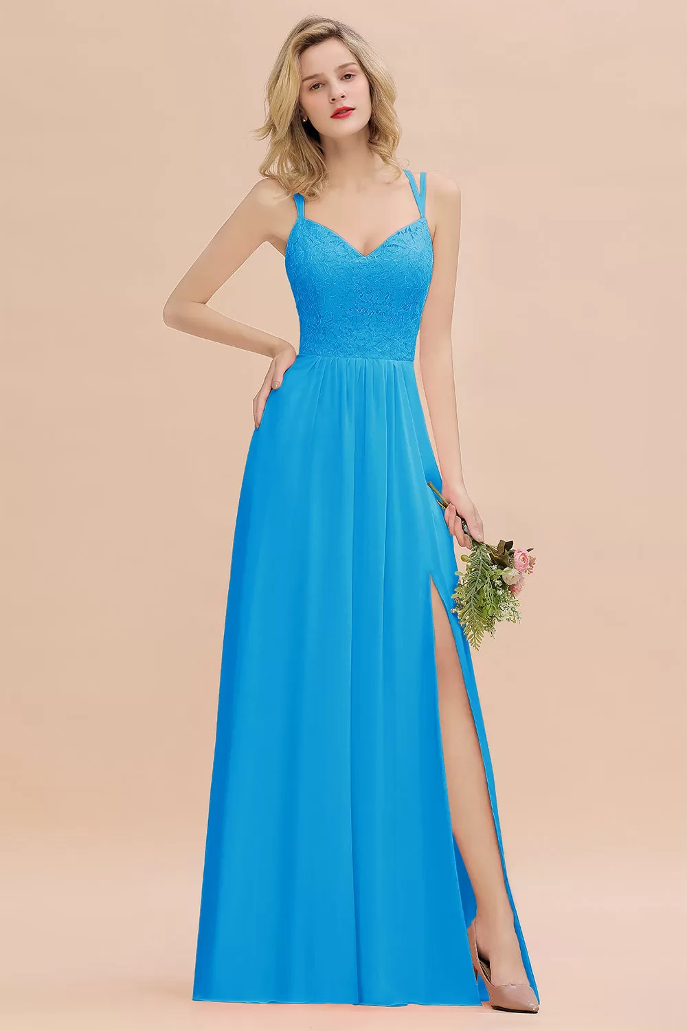 A-Line Chiffon Spaghetti Straps Sweetheart Long Bridesmaid Dress with Slit