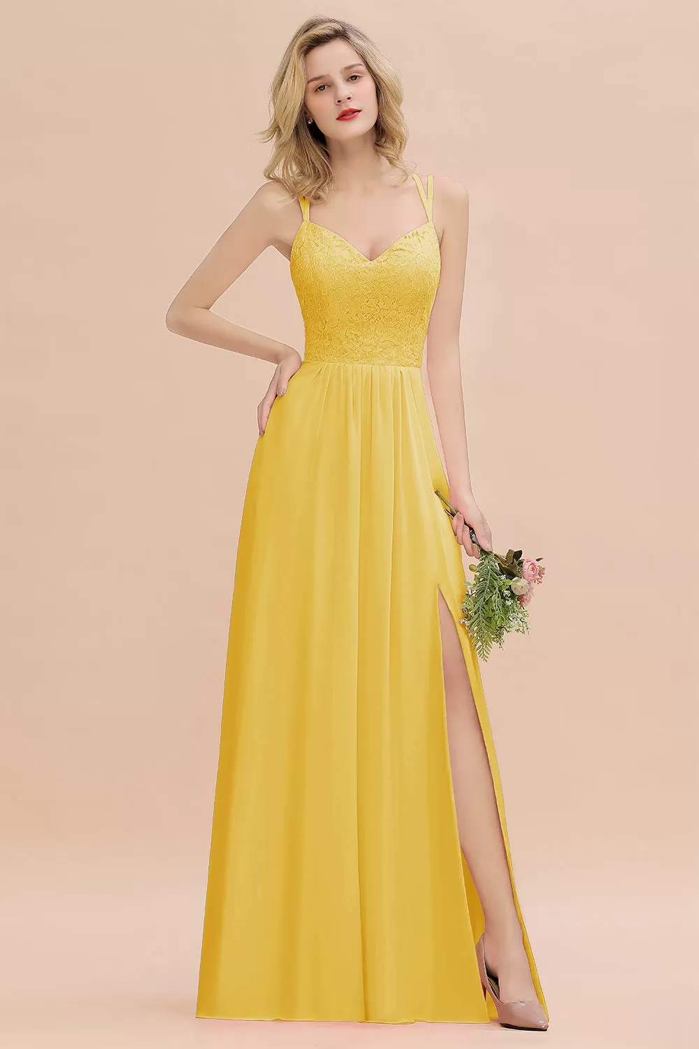 A-Line Chiffon Spaghetti Straps Sweetheart Long Bridesmaid Dress with Slit