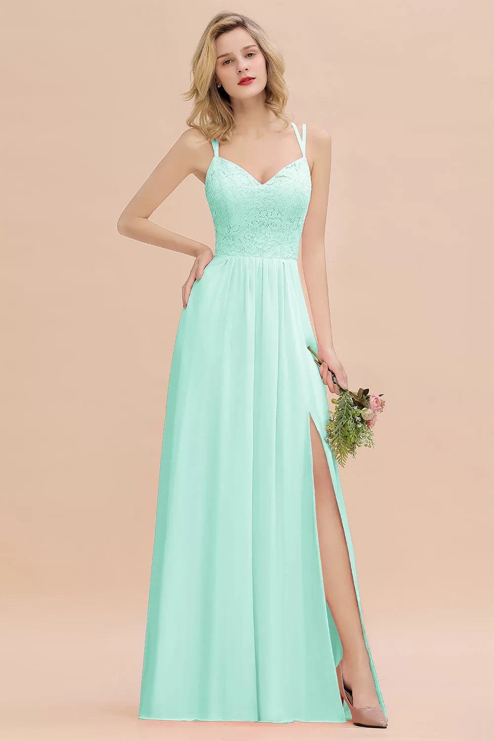 A-Line Chiffon Spaghetti Straps Sweetheart Long Bridesmaid Dress with Slit