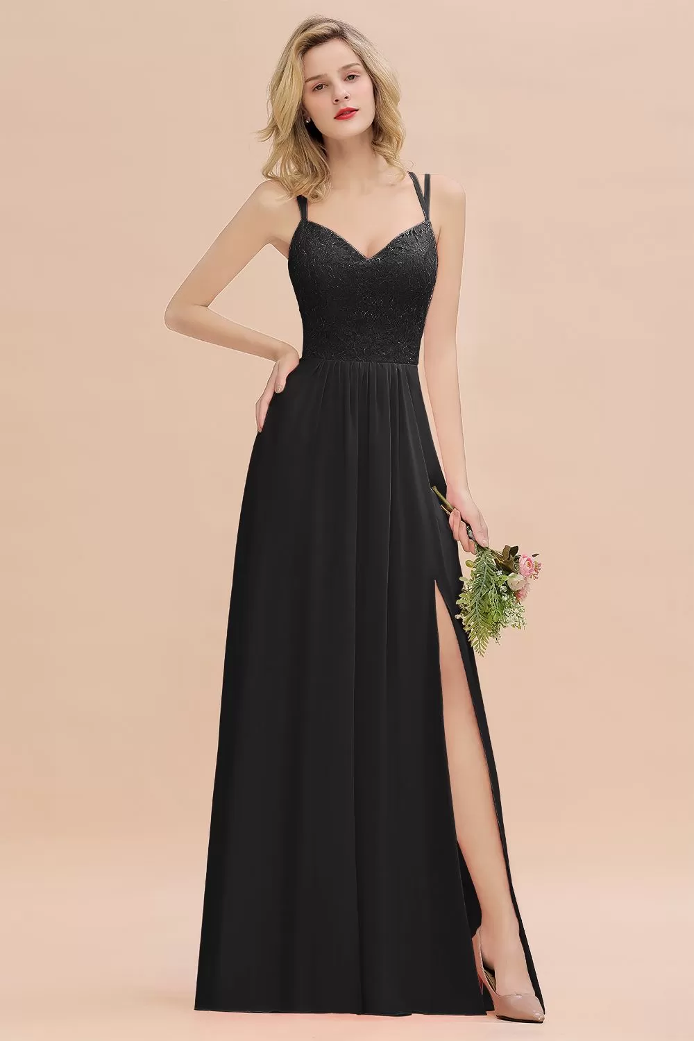 A-Line Chiffon Spaghetti Straps Sweetheart Long Bridesmaid Dress with Slit