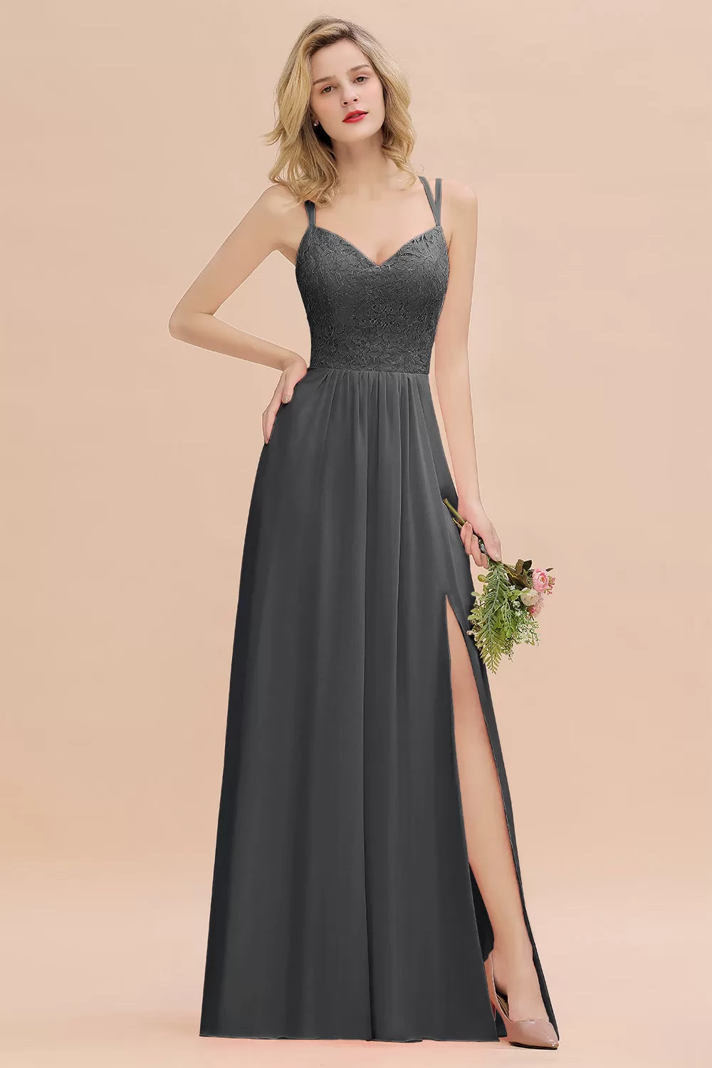 A-Line Chiffon Spaghetti Straps Sweetheart Long Bridesmaid Dress with Slit