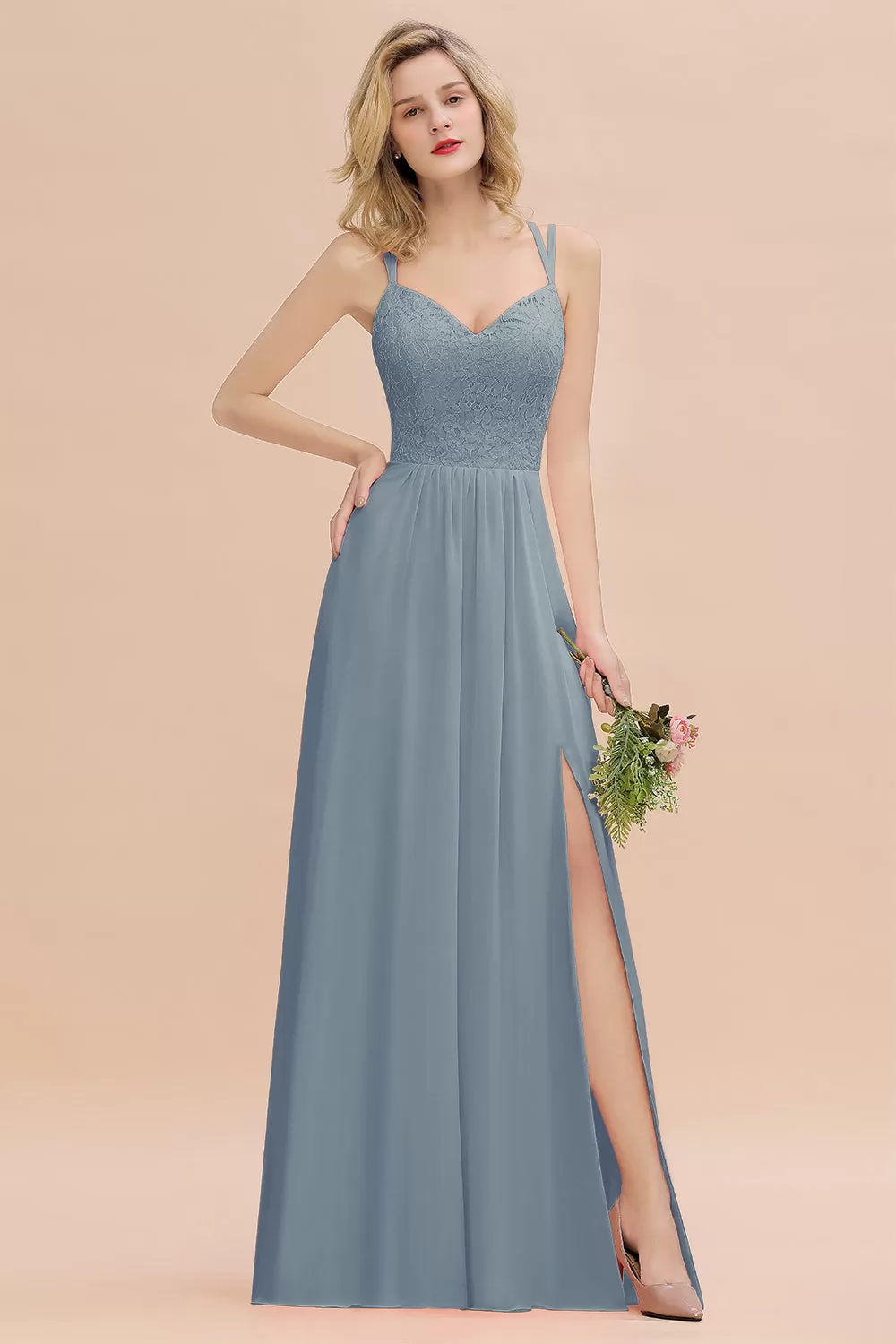 A-Line Chiffon Spaghetti Straps Sweetheart Long Bridesmaid Dress with Slit