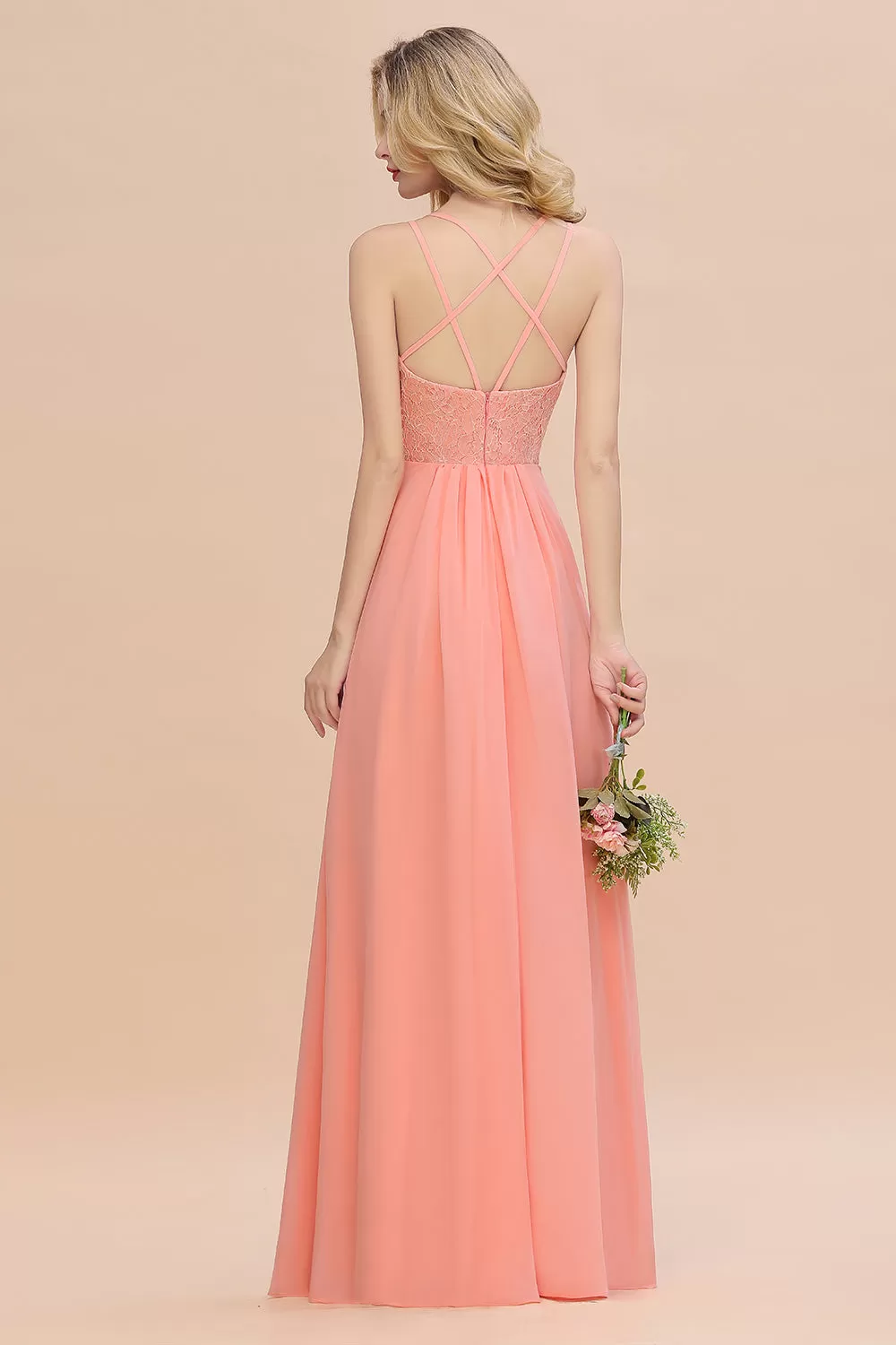 A-Line Chiffon Spaghetti Straps Sweetheart Long Bridesmaid Dress with Slit