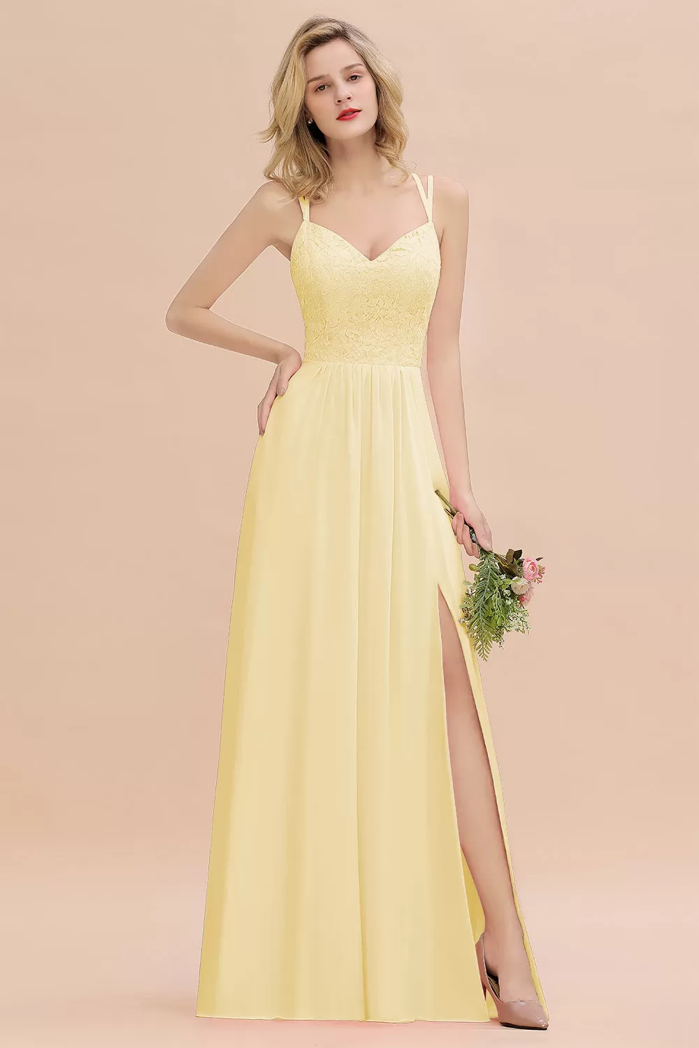 A-Line Chiffon Spaghetti Straps Sweetheart Long Bridesmaid Dress with Slit