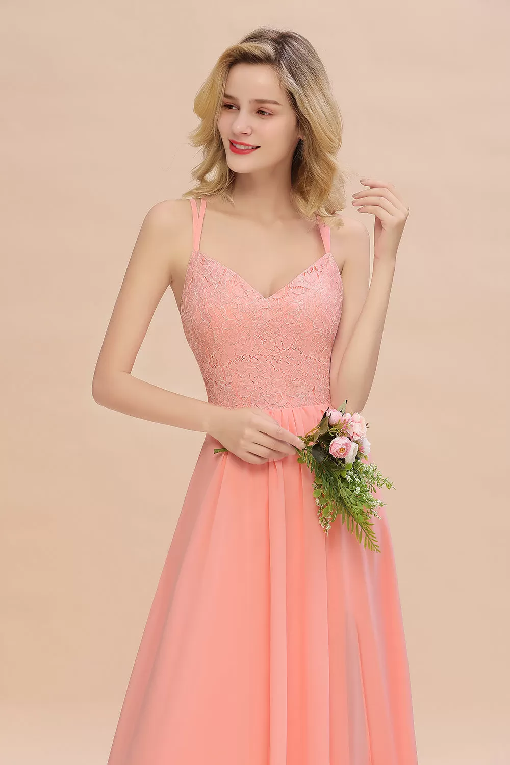 A-Line Chiffon Spaghetti Straps Sweetheart Long Bridesmaid Dress with Slit