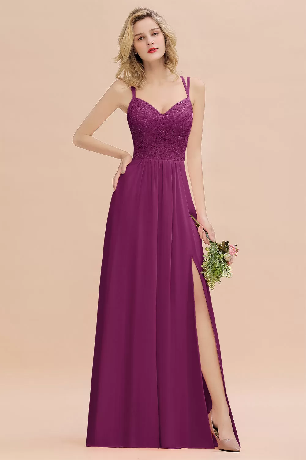 A-Line Chiffon Spaghetti Straps Sweetheart Long Bridesmaid Dress with Slit