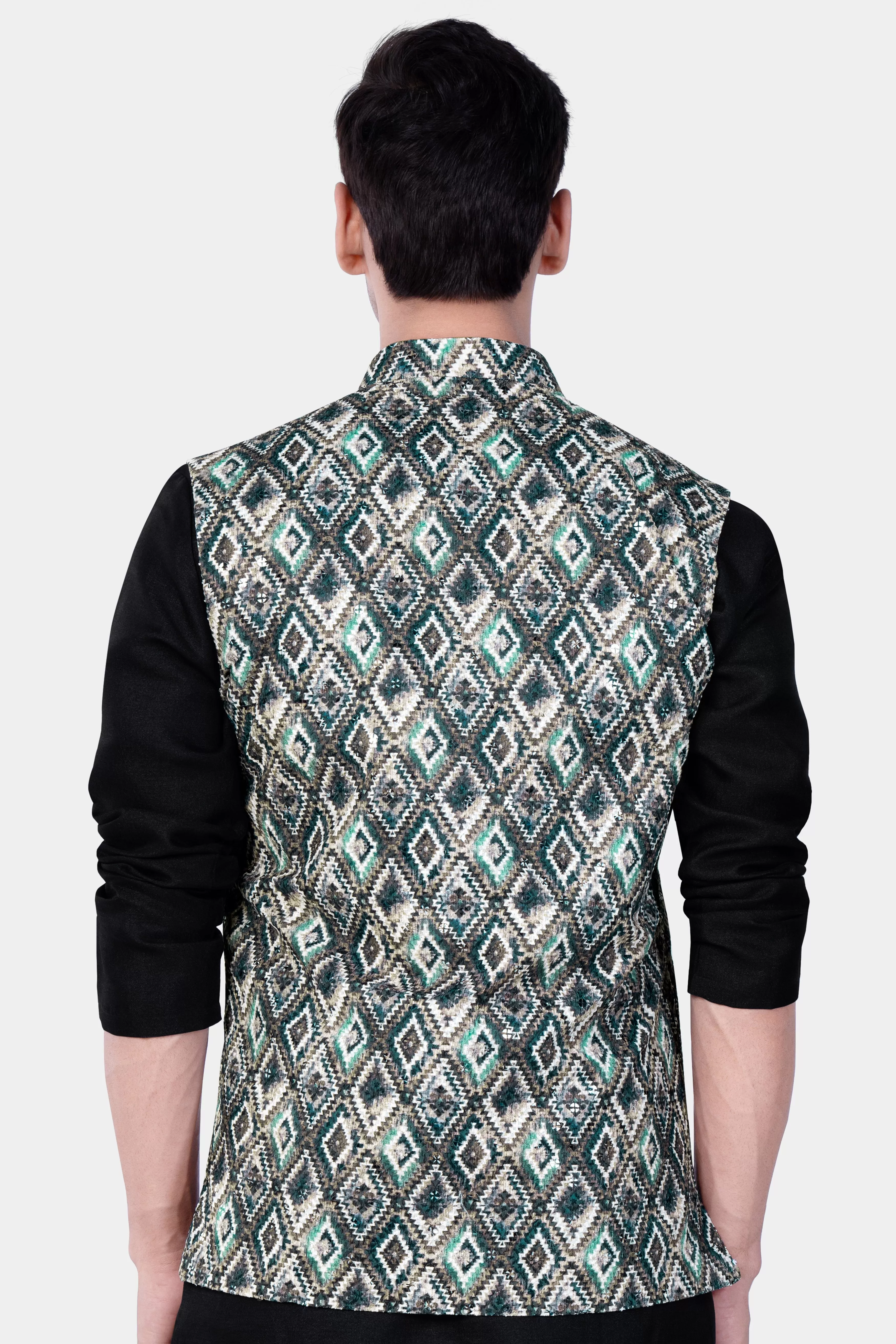 Abbey Gray And Outer Space Blue Designer Embroidered Nehru Jacket