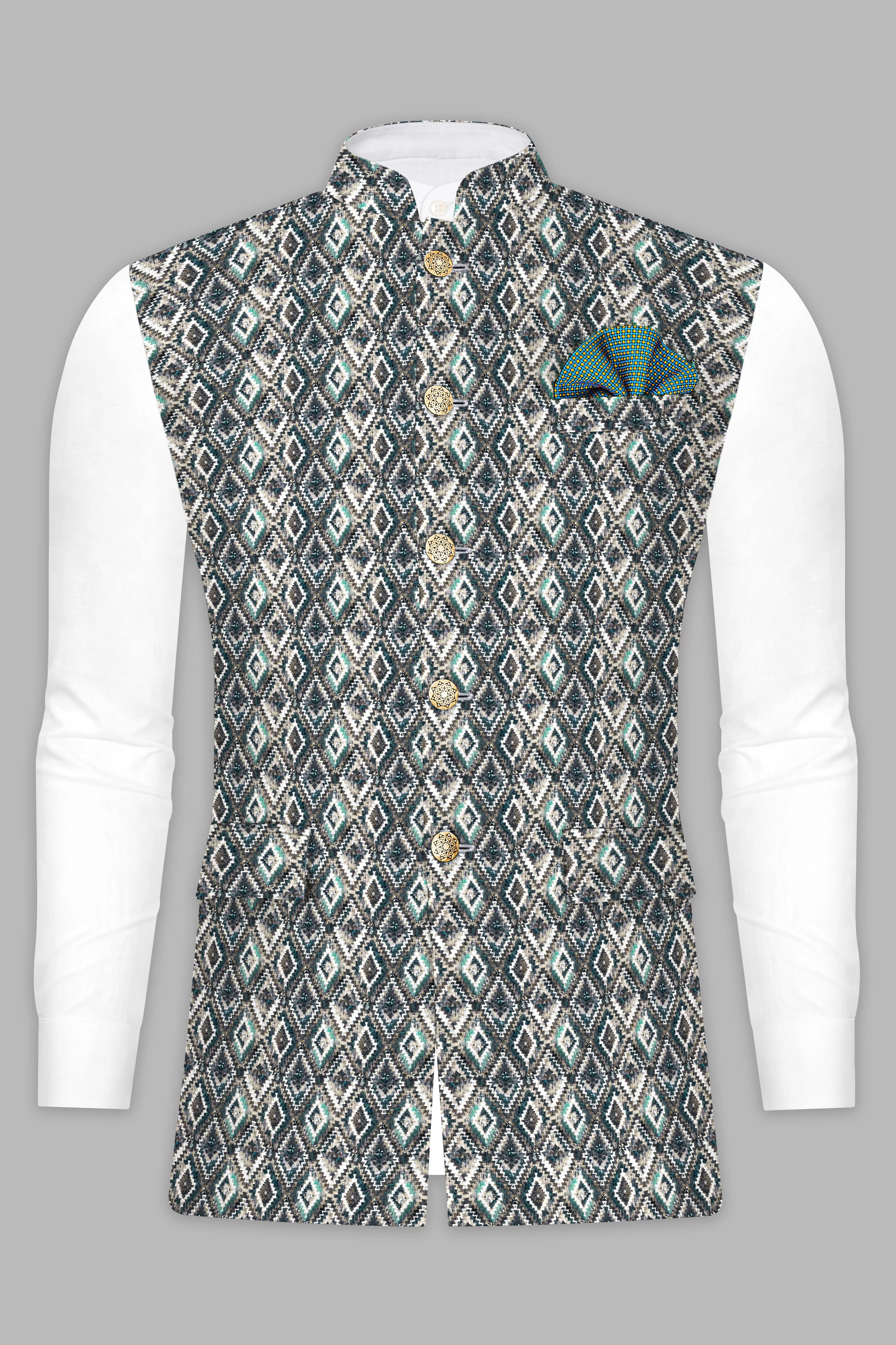 Abbey Gray And Outer Space Blue Designer Embroidered Nehru Jacket