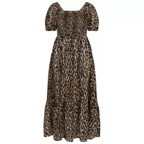 Accessorize London Women's Brown Leopard Print Shirred Puff Sleeve Dress Small