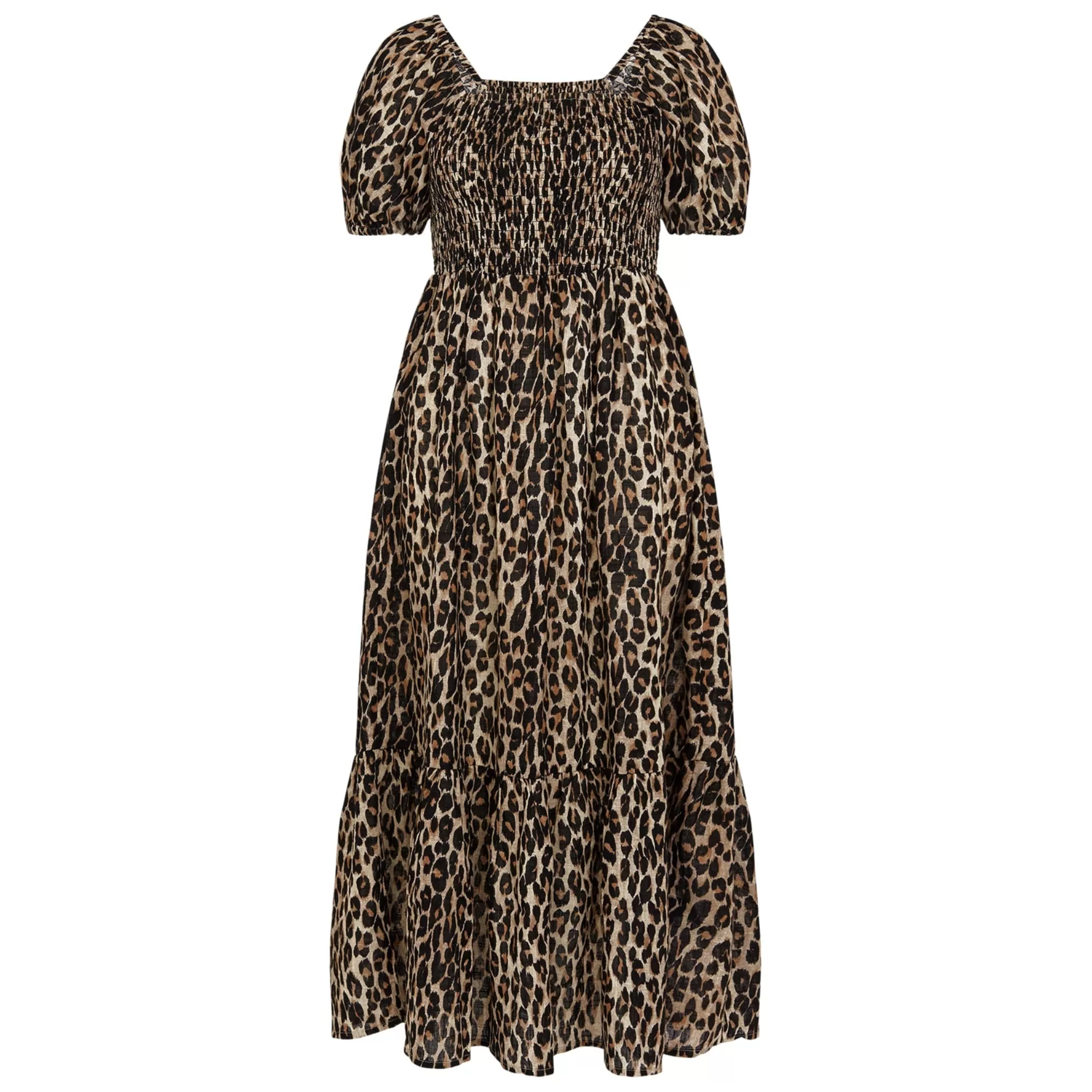 Accessorize London Women's Brown Leopard Print Shirred Puff Sleeve Dress Small