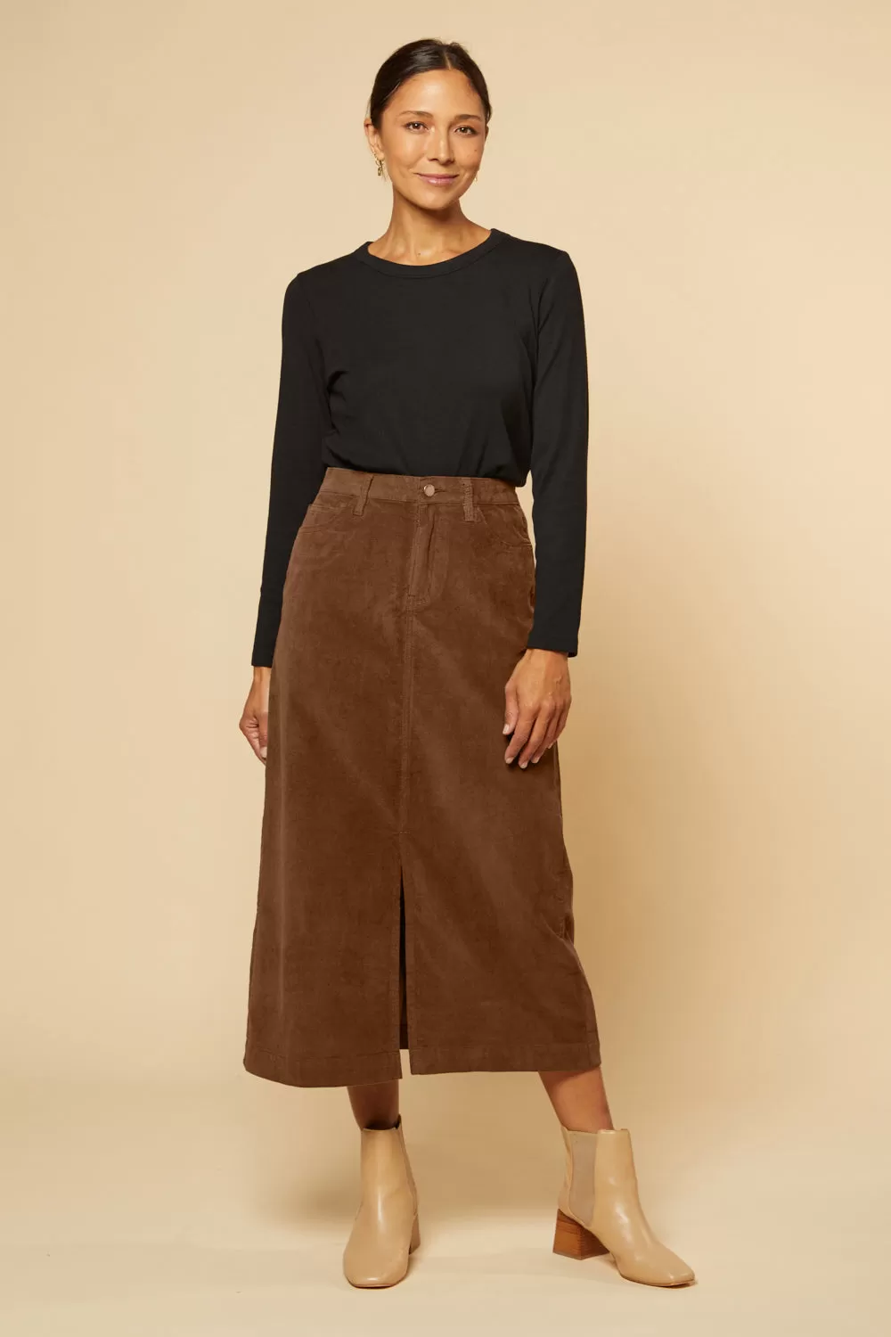 Adrift Split Brushed Cotton Skirt in Chocolate