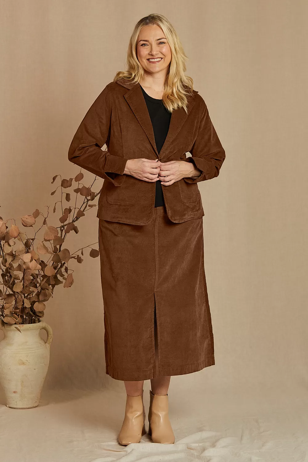 Adrift Split Brushed Cotton Skirt in Chocolate