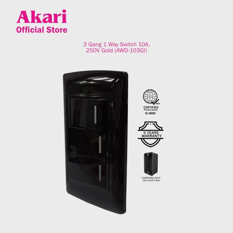 Akari 3 Gang 1 Way Switch - Black (AWD-103BI)