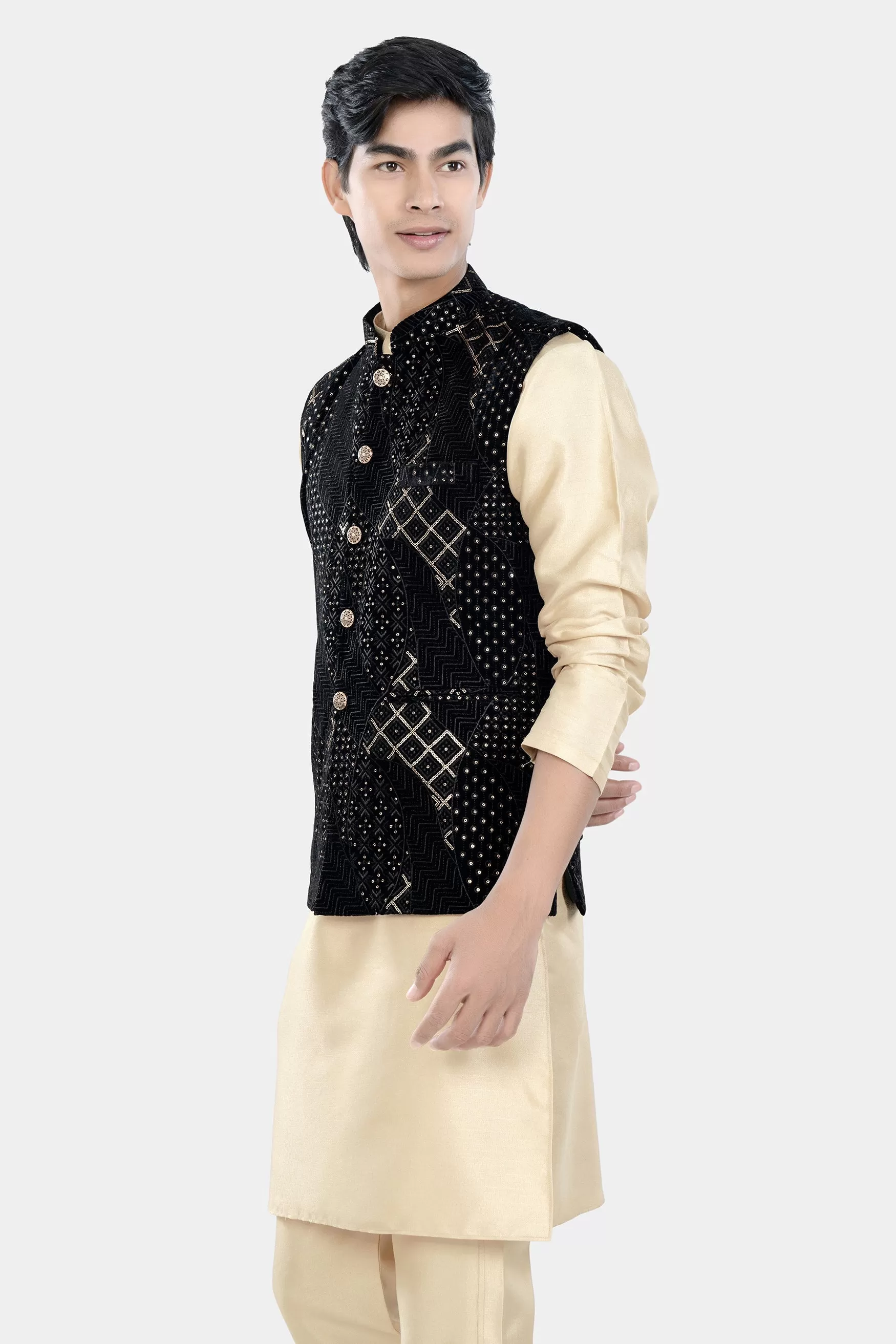 Almond Brown Kurta Set with Jade Black Thread and Sequin Embroidered Designer Nehru Jacket