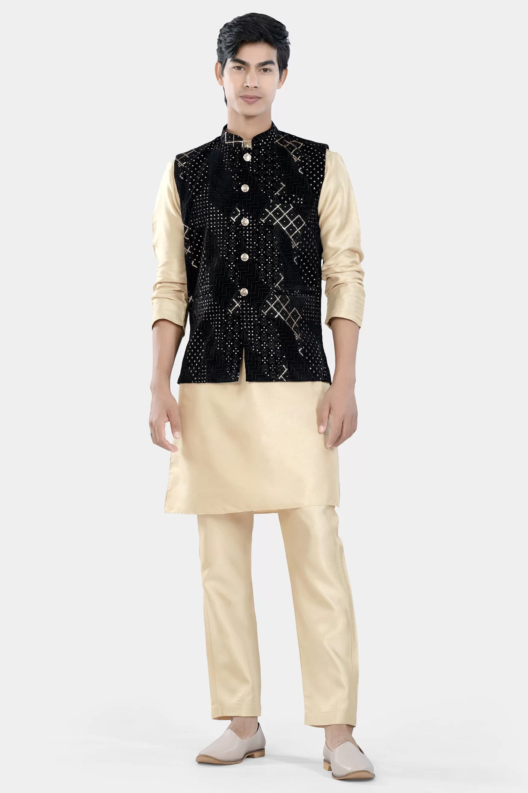 Almond Brown Kurta Set with Jade Black Thread and Sequin Embroidered Designer Nehru Jacket