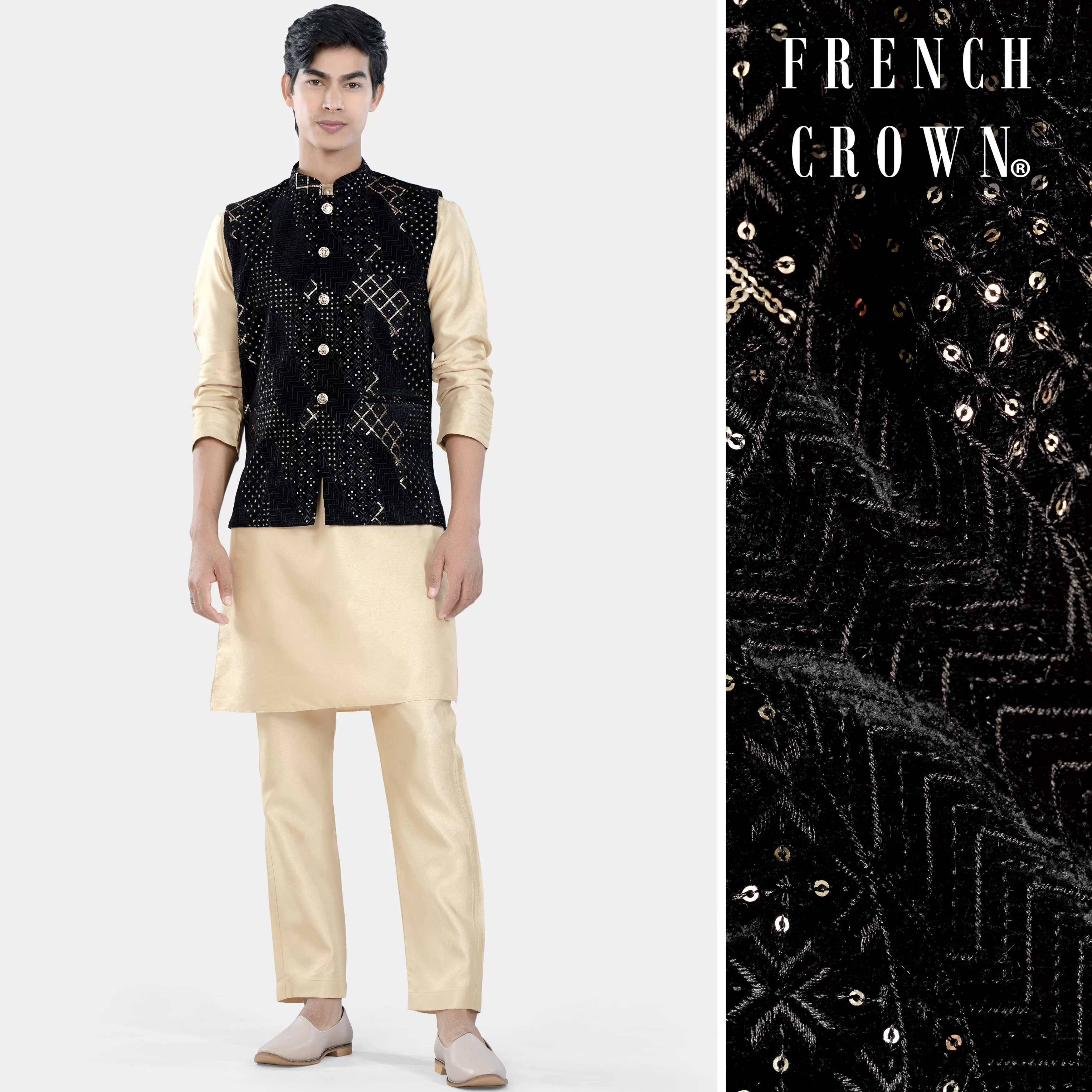 Almond Brown Kurta Set with Jade Black Thread and Sequin Embroidered Designer Nehru Jacket