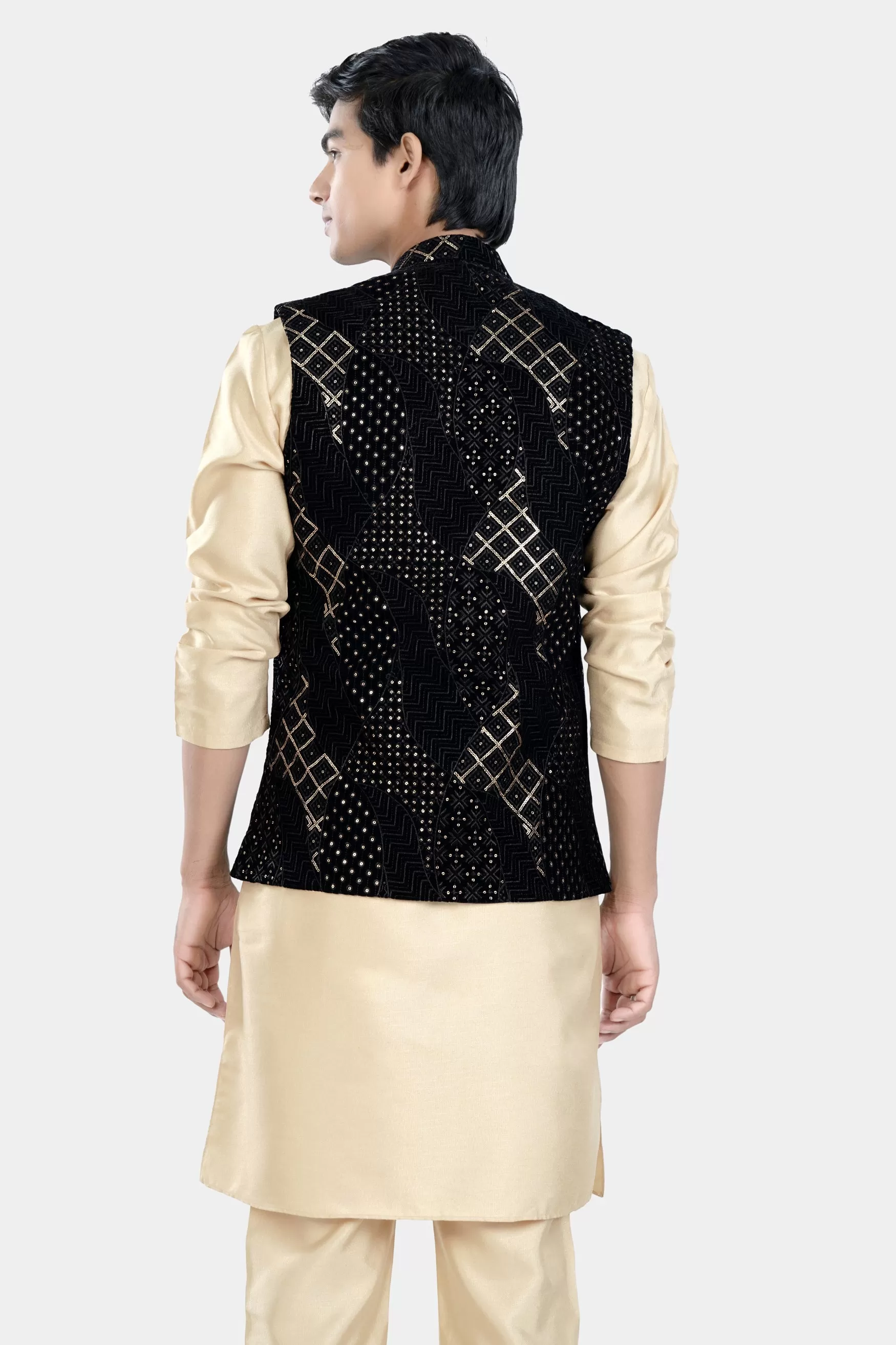 Almond Brown Kurta Set with Jade Black Thread and Sequin Embroidered Designer Nehru Jacket