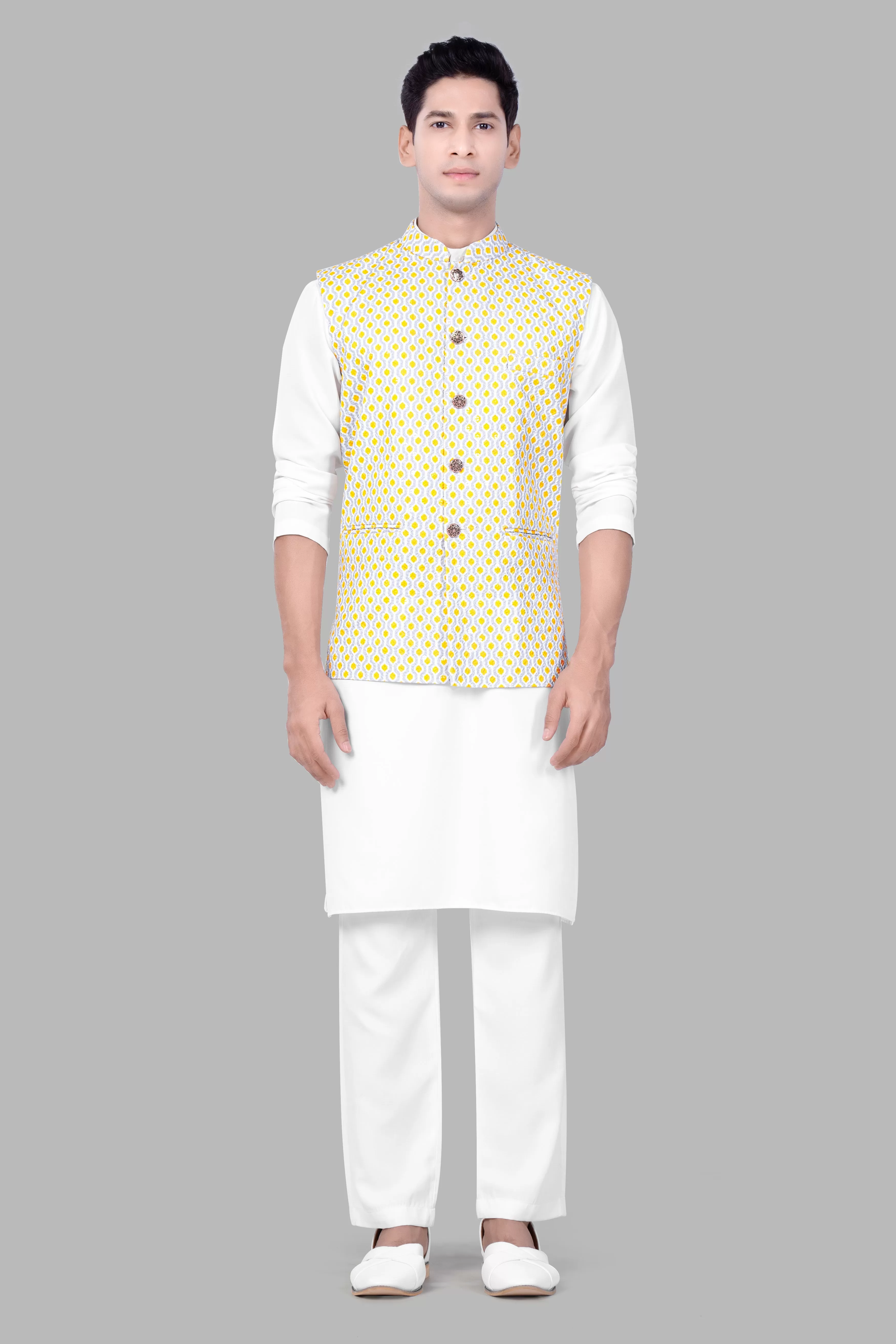 Arylide Yellow And Ghost Gray Designer Embroidered Nehru Jacket