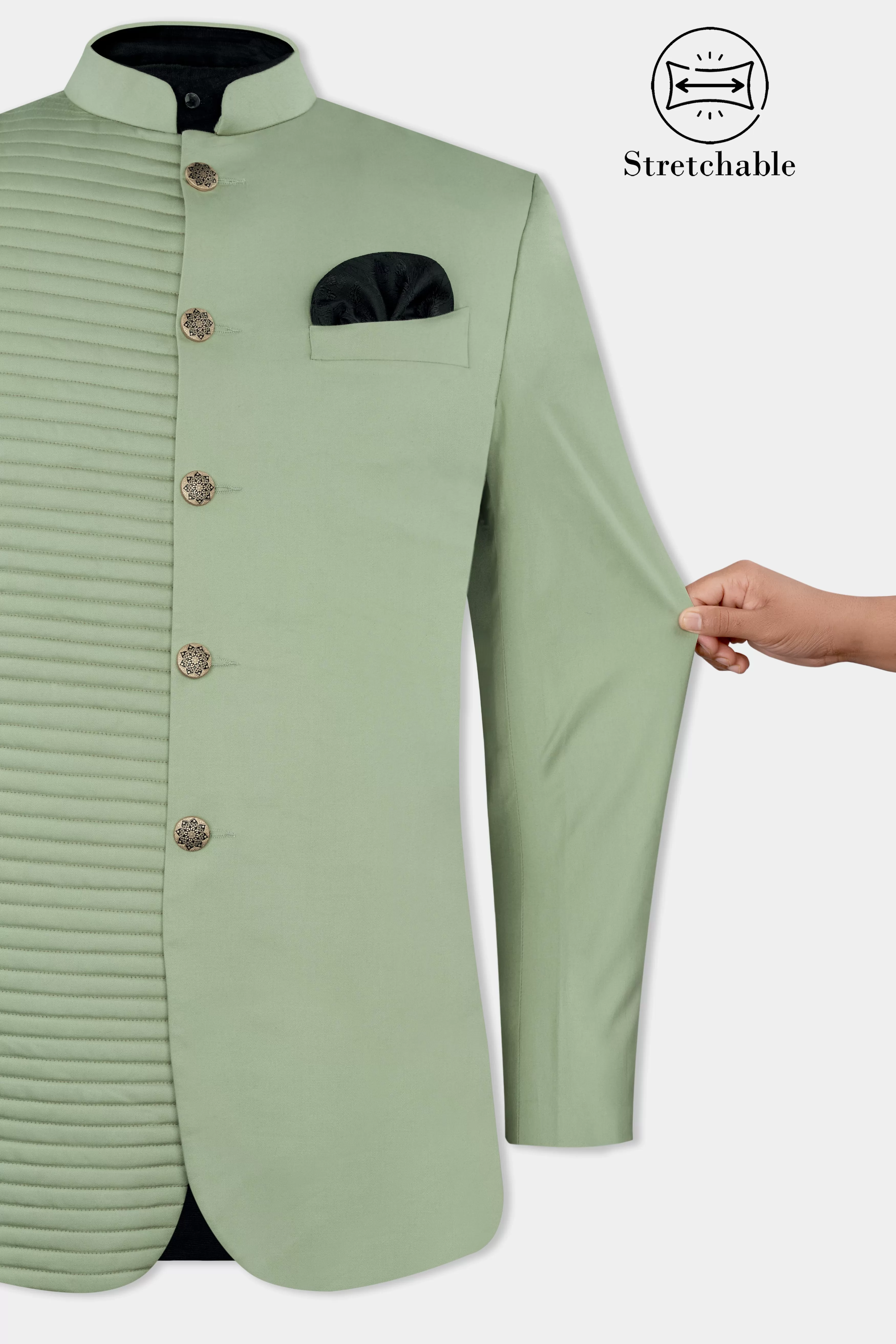 Asparagus Green with Horizontal Stitches Premium Cotton Bandhgala Designer Blazer