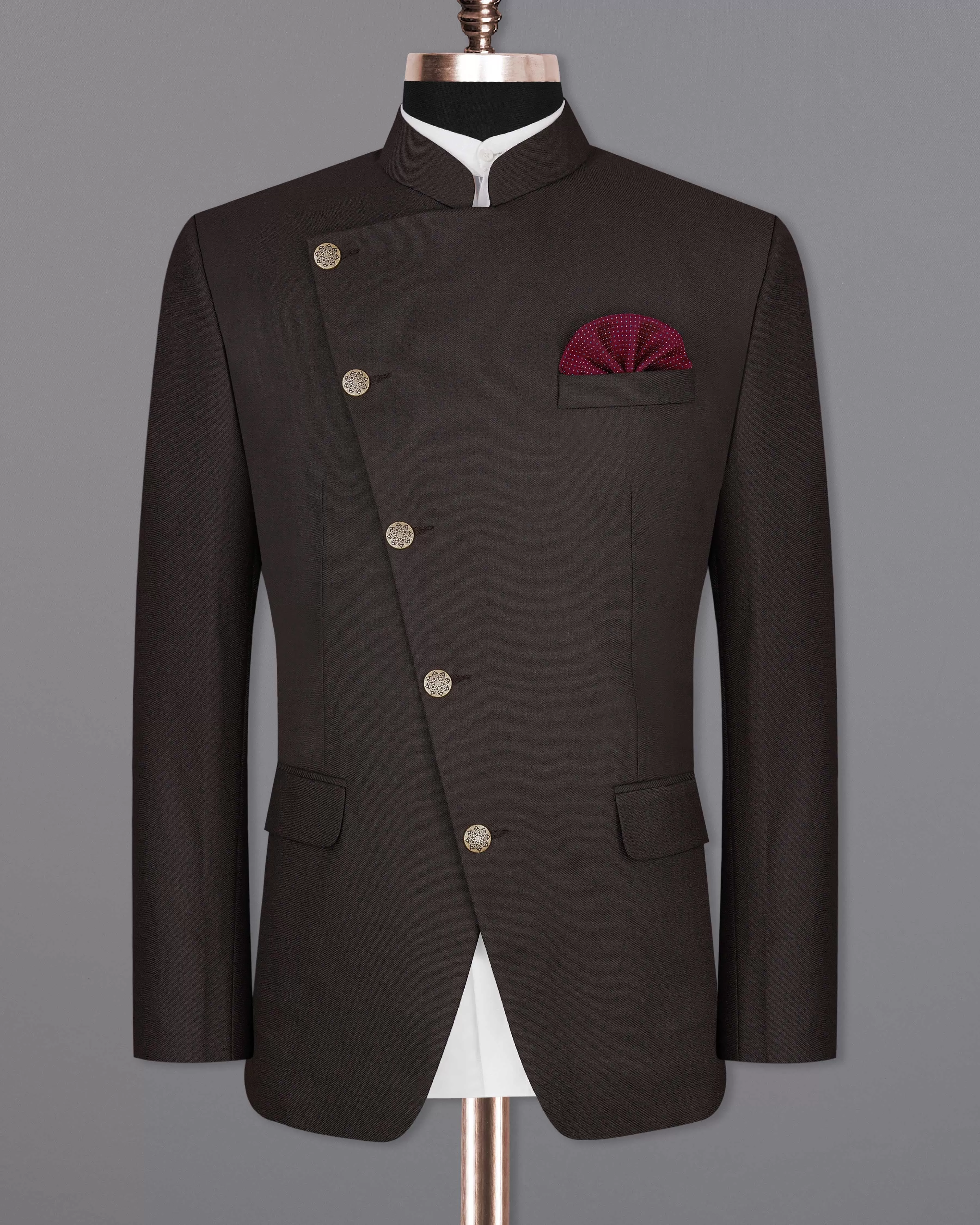 Baltic Sea Brown Cross Placket Bandhgala Blazer