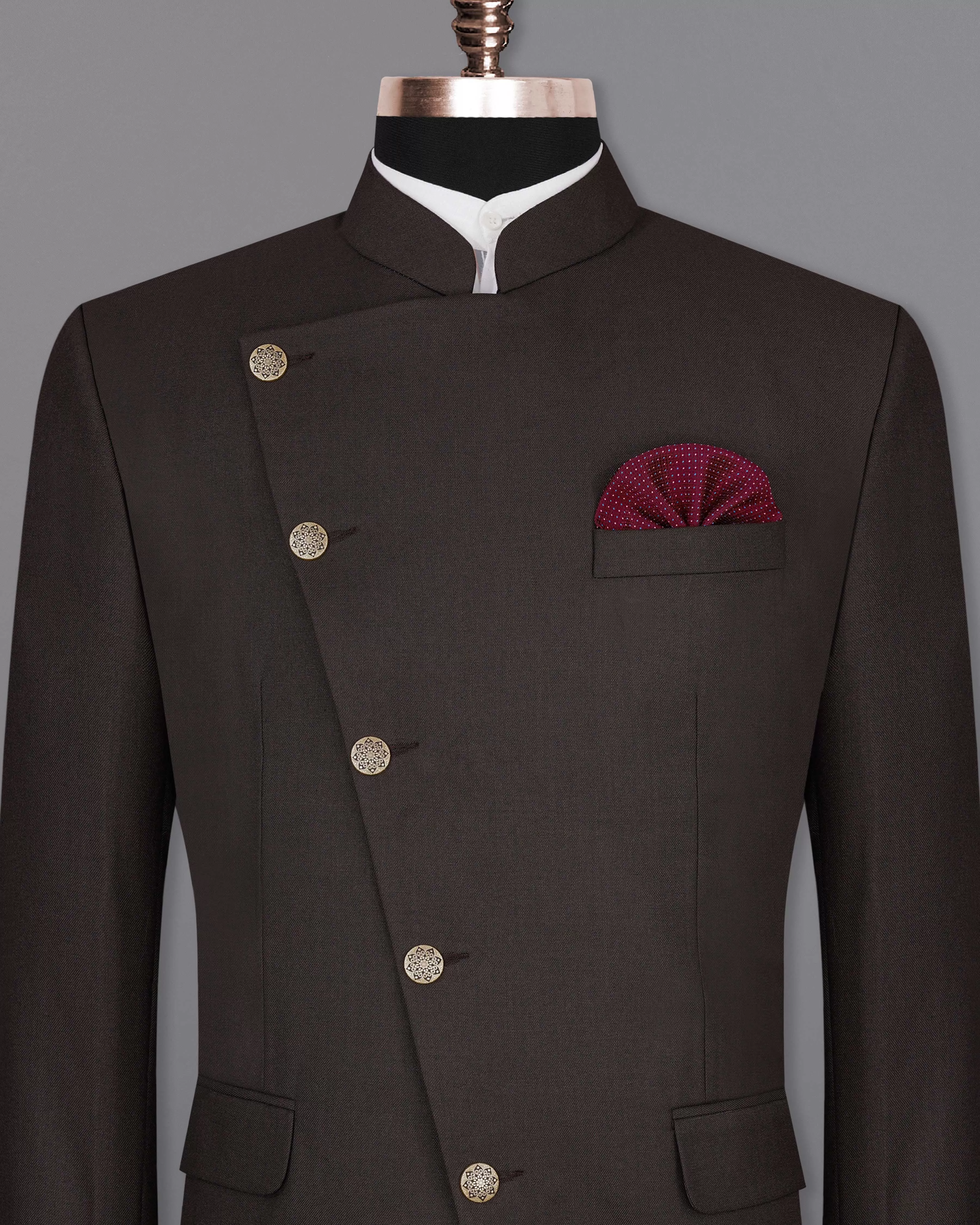 Baltic Sea Brown Cross Placket Bandhgala Blazer