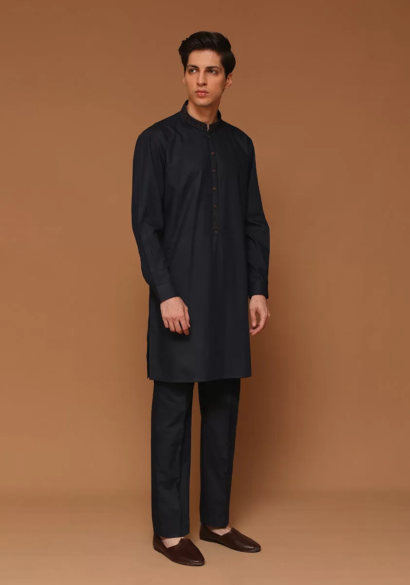 Basic Poly Viscose Maluki Dark Sapphire Slim Fit Embroidered Suit