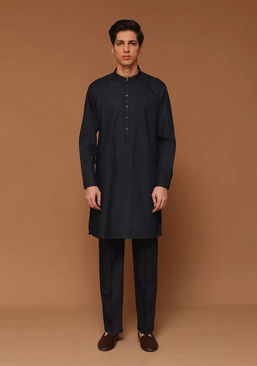 Basic Poly Viscose Maluki Dark Sapphire Slim Fit Embroidered Suit