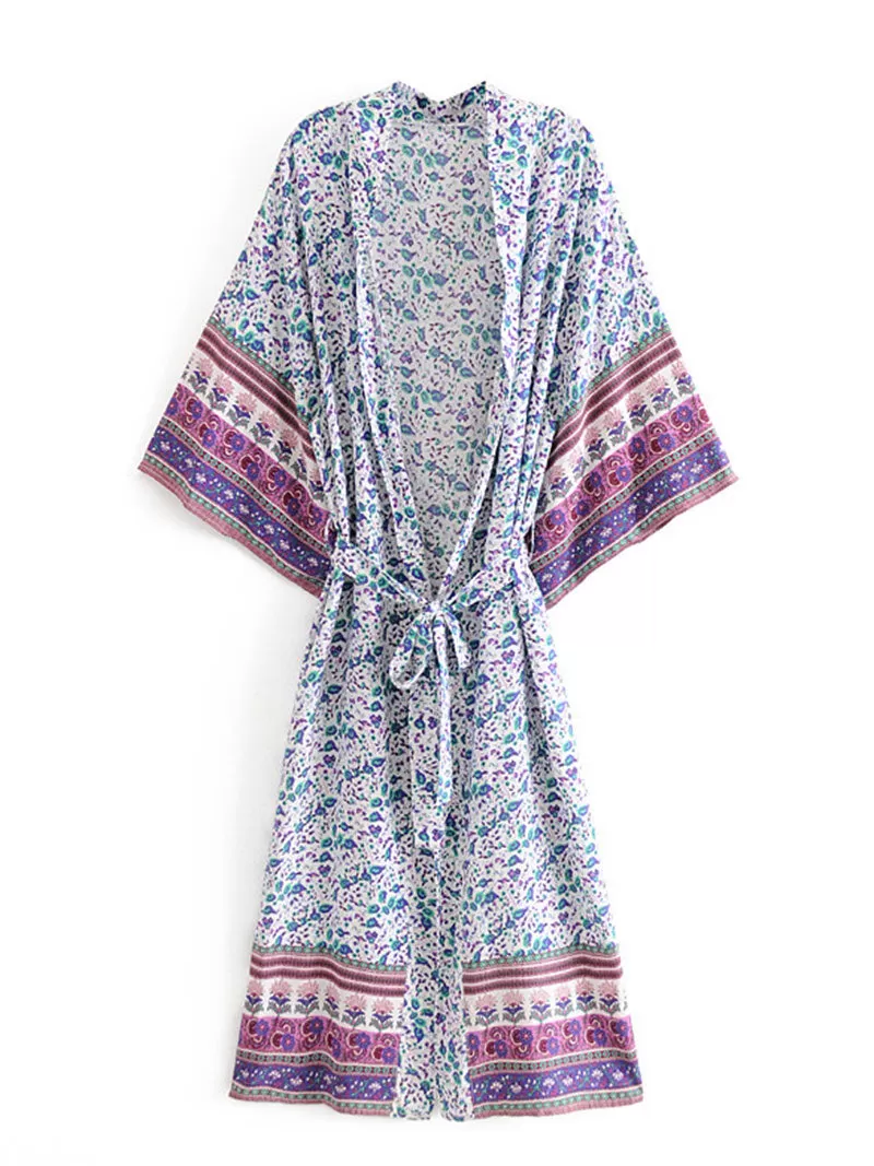 Beachwear Floral Print Pink & Blue Color Cotton Long Length Gown Kimono Duster Robe