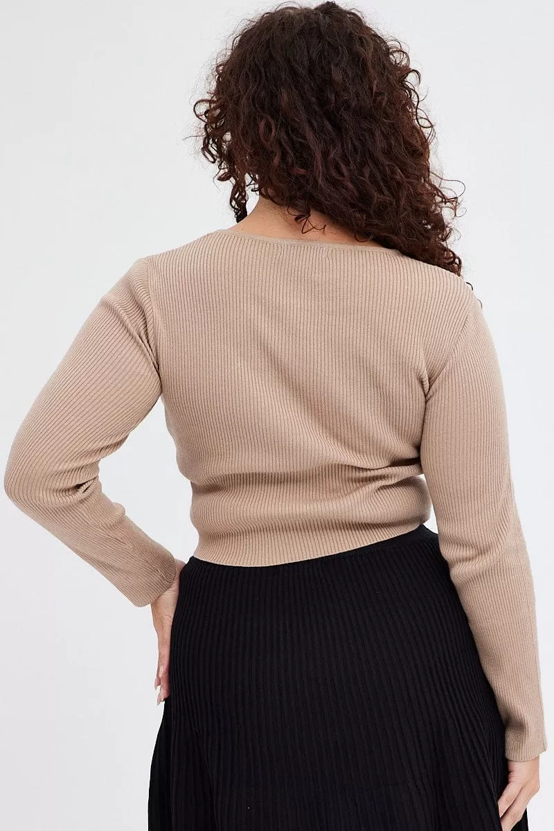 Beige Knit Top Cut Out Long Sleeve