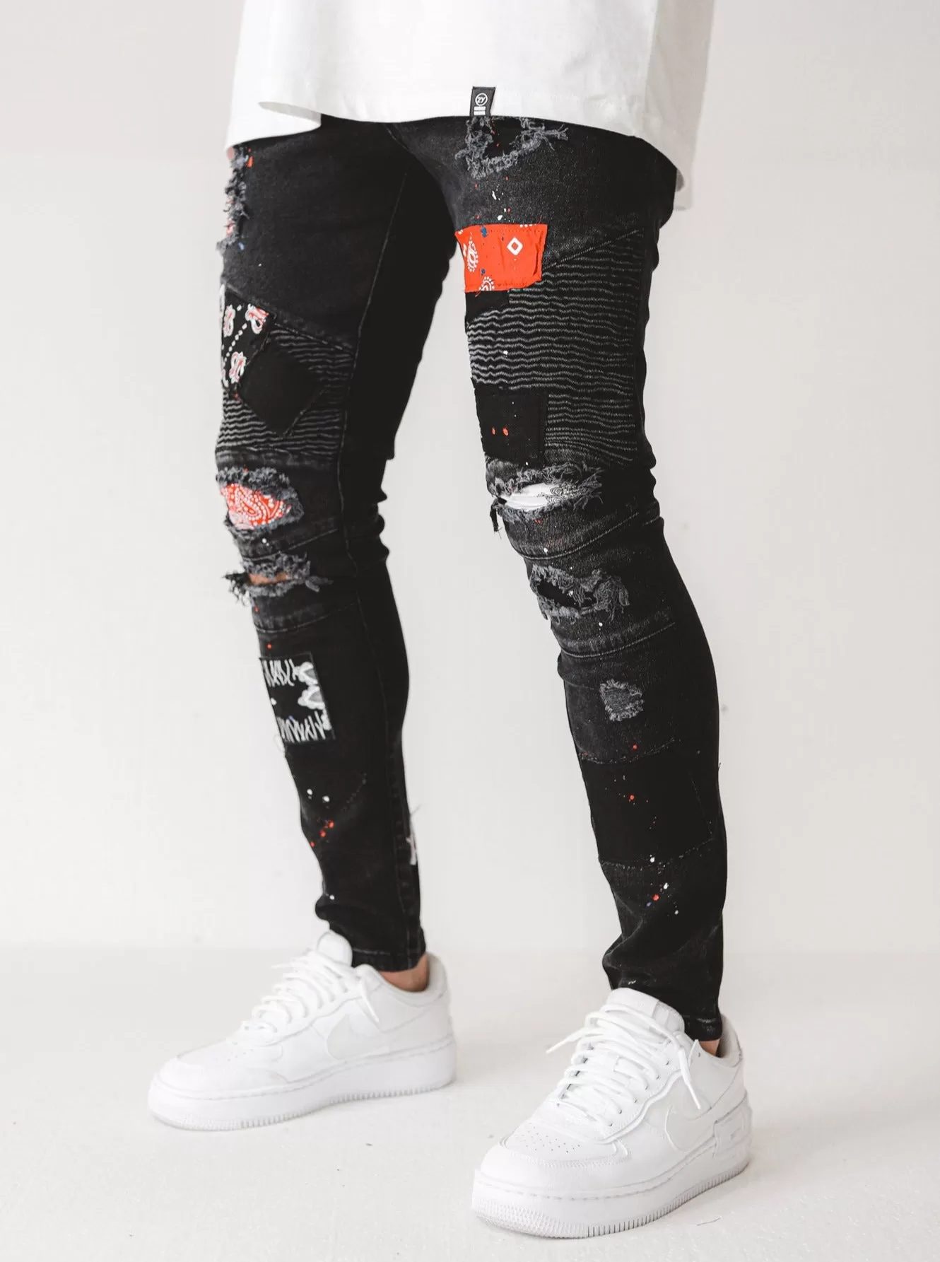 Biker Patched Ripped Black Jeans