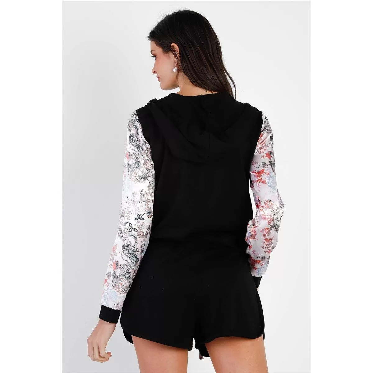 Black & Multi Color Print Colorblock Zip-up Hooded Top & Short Set