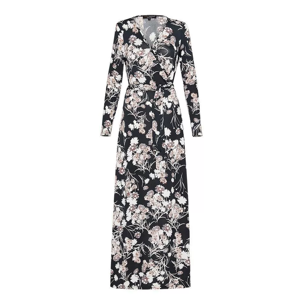 Black and Cream Floral Wrap Dress