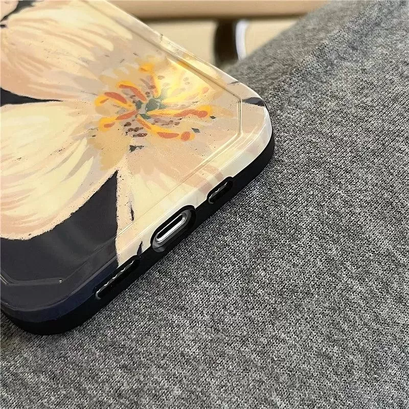 Black Cute Flower Oil Painting Phone Case for iPhone 11, 12, 13, 14 Pro Max, and 14 Plus