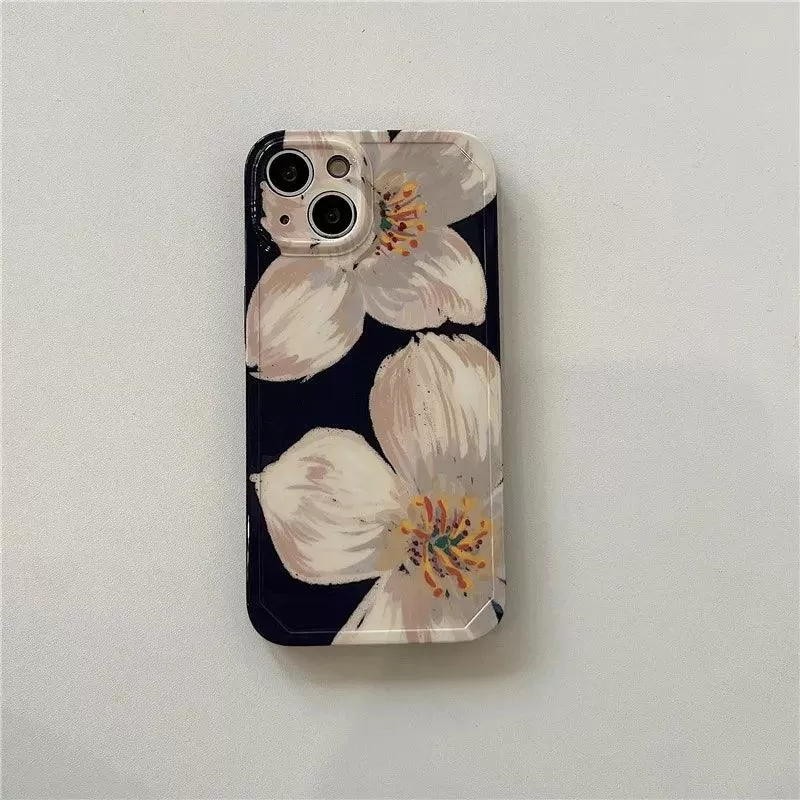 Black Cute Flower Oil Painting Phone Case for iPhone 11, 12, 13, 14 Pro Max, and 14 Plus