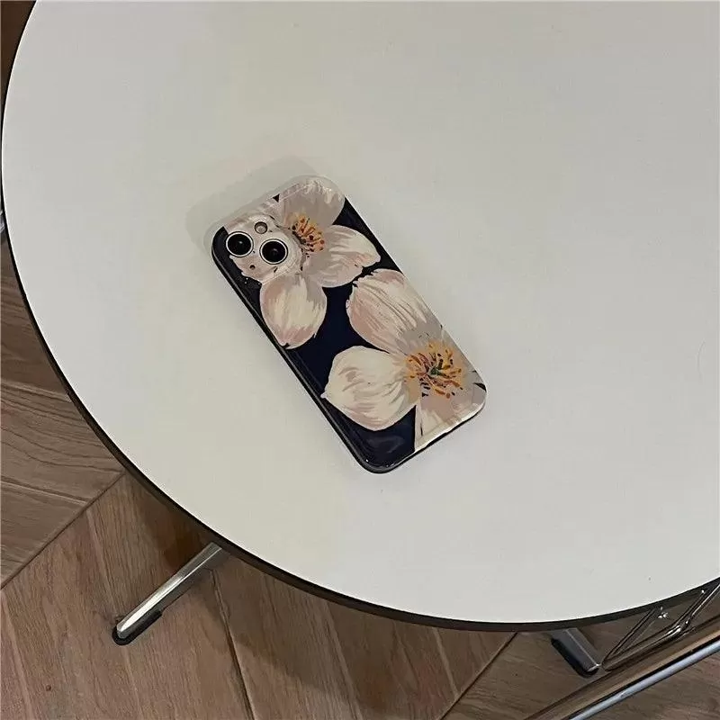 Black Cute Flower Oil Painting Phone Case for iPhone 11, 12, 13, 14 Pro Max, and 14 Plus